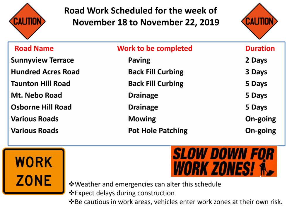 orange cautin sign road work week of Nov. 18 - Nov. 22