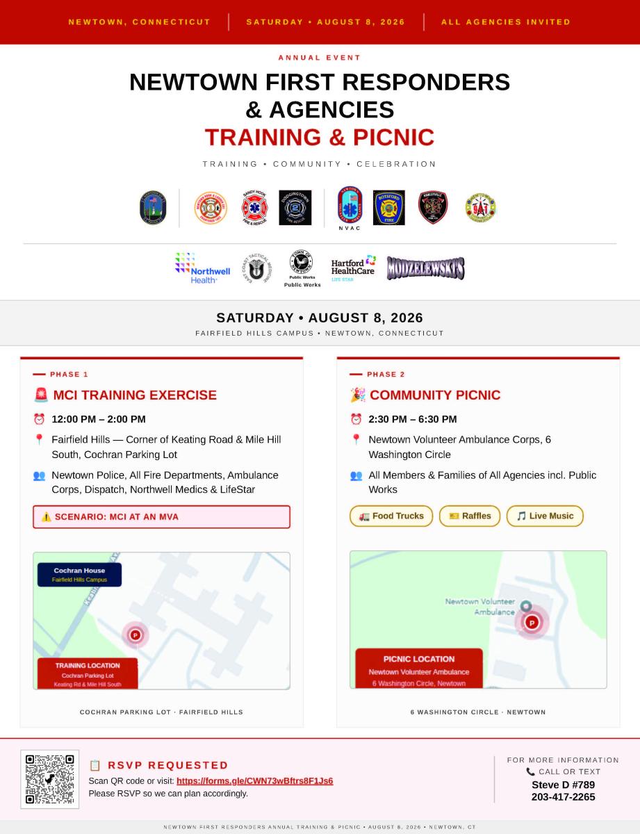 Aug. 8 12-2pm First Responder training &amp; picnic at Fairfield Hills